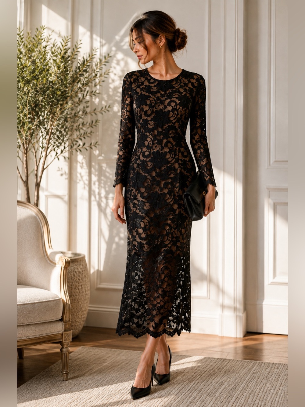 ABS Allen Schwartz Black Floral Lace Long-Sleeve Midi Dress